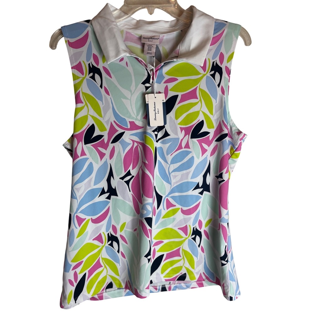 Tommy Bahama Golf Womens XL Sleeveless Polo Shirt Tropical Leaf Pink Lime Zip